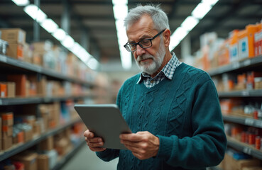 Elderly man with glasses uses tablet in aisle of hardware store. He examines stock on shelves. Senior worker manages inventory in warehouse. Man checks product list.