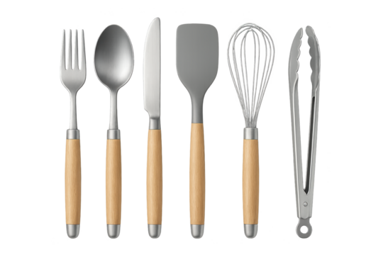 Set of six stainless steel utensils with light wood handles: fork, spoon, knife, spatula, whisk, and locking tongs