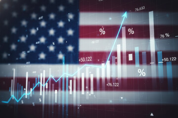 US Economy Growth: Financial Stock Market Chart with Upward Arrow, Interest Rates, and Inflation Data