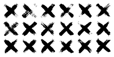 Obraz premium Grunge crosses, brush strokes, x mark, lines, ink smudges, hand-drawn scribble shapes. Handmade sketchy marks, acrylic stains, charcoal streaks. Paint textures, dry brush effect. Vector illustration