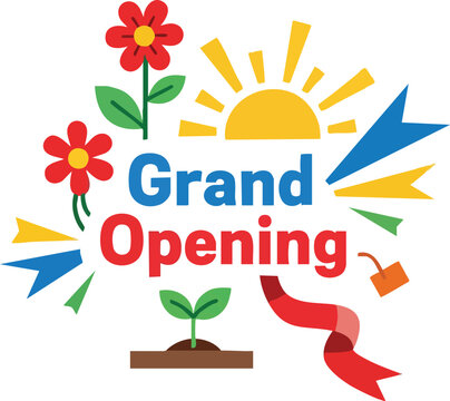 Grand Opening Celebration with Sun Flowers and Growing Plant Illustration - Powered by Adobe