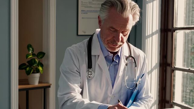 Doctor reviews chart in clinic. Physician checks stethoscope. Medical professional notes details during consultation. Senior physician focuses on record and care. Office sunlight creates calm