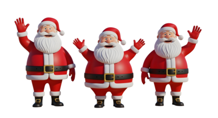 Three cheerful santa claus characters waving with their hands up, isolated on transparent background