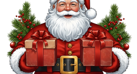 Cheerful santa claus holding two red gift boxes, isolated on transparent background, surrounded by festive christmas trees with red berries, embodying holiday spirit and generosity