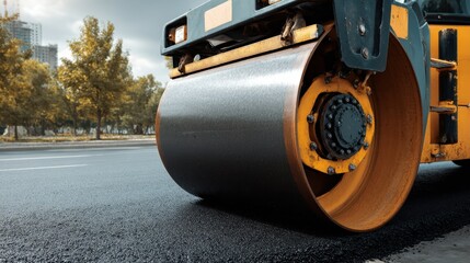 Heavy machinery performs asphalt application on urban road construction site, showcasing steamroller in action on new roadway surface installation process