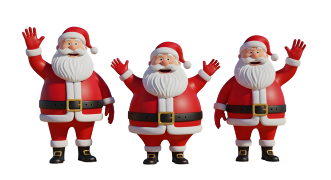 Three cheerful santa claus characters waving with their hands up, isolated on transparent background