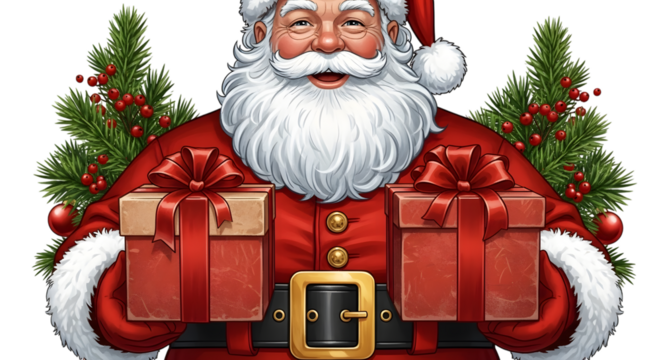 Cheerful santa claus holding two red gift boxes, isolated on transparent background, surrounded by festive christmas trees with red berries, embodying holiday spirit and generosity - Powered by Adobe