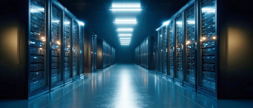 Modern data center with illuminated server racks and a sleek corridor