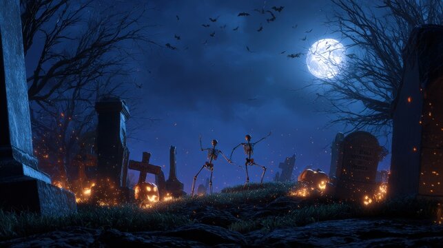 A creepy Halloween graveyard with glowing tombstones skeletons dancing under moonlight and bats flying in a gothic horror style