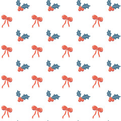 Bright red ribbons and holly berries with leaves, seamless pattern. Hand‑drawn in a simple child‑friendly style. For festive, Christmas, New Year decorations, wrapping paper, packaging, textile prints