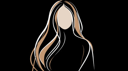 Elegant minimalist portrait illustration of a beautiful faceless woman with long flowing blonde hair on black background