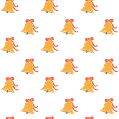 Golden or yellow bells with a red bow, seamless pattern. Hand‑drawn in a simple child‑friendly style. Suitable for festive, Christmas, New Year decorations, wrapping paper, packaging, textile prints