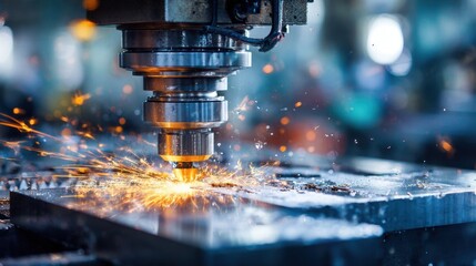 Precision Metal Cutting Process with Sparks and Detail in Industrial Workshop Environment Near Machinery and Tools for Manufacturing Applications