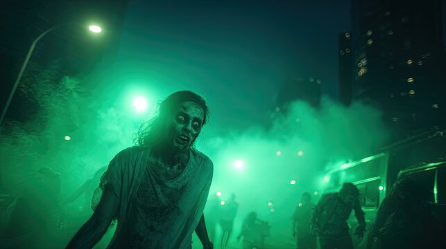 Halloween concept Zombie Apocalypse Scene Zombies lurch toward camera through city streets lit by eerie green glow sticks