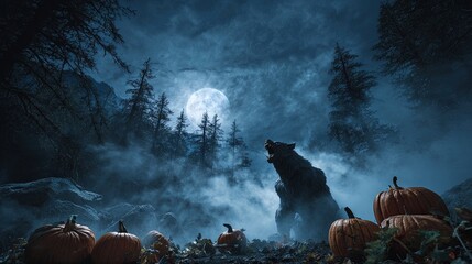 Halloween night with a werewolf howling at the moon surrounded by eerie fog pumpkins and a haunted forest backdrop