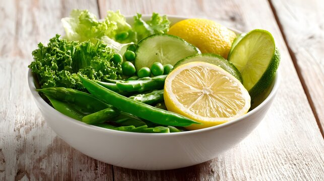 Fresh green vegetables and citrus fruits displayed in a white bowl atop wooden planks - Powered by Adobe