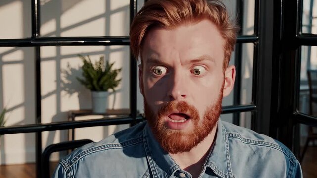 Man reaction shows shocked expression. Portrait captures surprise and shock. Closeup reveals beard and redhead hair. Visible emotion fills face and eyes. Sunlit grid window adds rich dramatic tone.