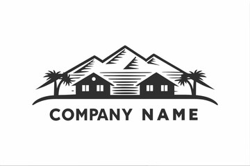 Two houses sit beneath a mountain and horizontal lines, with palm trees on either side