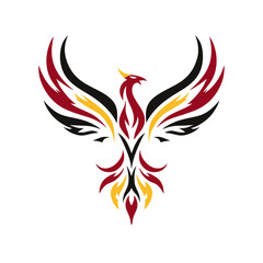 Naklejka premium Striking Phoenix bird illustration with spread wings, featuring fiery red, black, and gold design. Symbol of rebirth & strength.