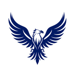 Obraz premium Majestic blue eagle or falcon with wide outstretched wings, a powerful bird of prey emblem design, isolated vector graphic.