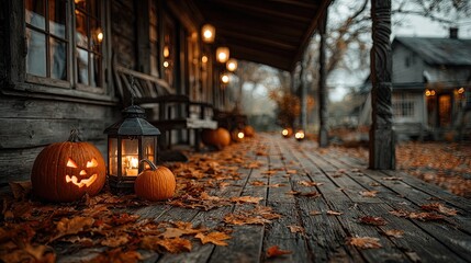 Halloween pumpkin lanterns glowing on rustic wooden porch autumn leaves scattered cozy seasonal photography background