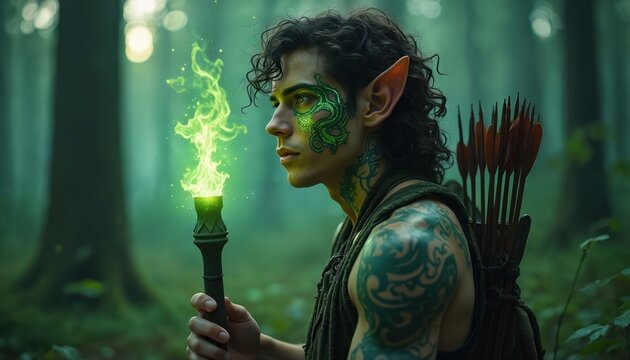 Young elf man with green tattoos holds glowing magic torch in enchanted forest. Wears archery quiver full of arrows on back. Mystical creature walks through dense woods with mystical light source. - Powered by Adobe
