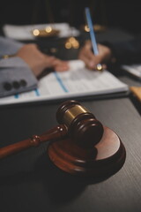 Law theme, mallet of the judge, law enforcement officers, evidence-based cases and documents taken...