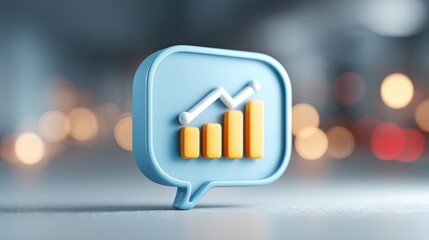 A 3D icon featuring a speech bubble with a growth chart, symbolizing communication and financial progress in a blurred background.