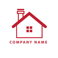 Simple red linear house icon with a chimney and window on a white background. Real estate logo.