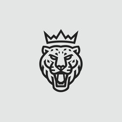 Powerful big cat head with a crown, roaring line art illustration. Royal feline emblem design representing strength and authority.