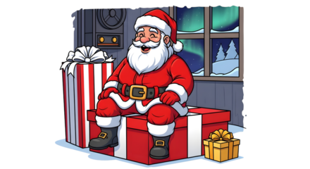 Santa claus sitting on a gift box with presents around him, with a snowy window showing the aurora borealis in the background isolated on transparent background