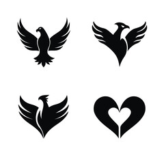 Obraz premium Stylized black bird and heart symbol silhouettes. Abstract eagle, phoenix, and love icon set for graphic design projects