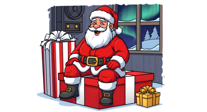 Santa claus sitting on a gift box with presents around him, with a snowy window showing the aurora borealis in the background isolated on transparent background - Powered by Adobe