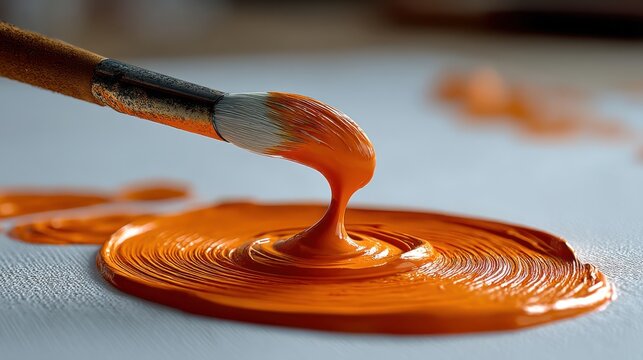 A close-up of a paintbrush dripping vibrant orange paint onto a textured canvas, showcasing artistic creativity and color.