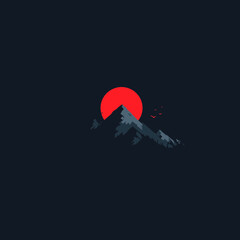 Minimalist dark mountain landscape with a vibrant red sun and flying birds, flat design vector illustration.