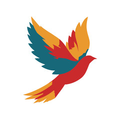 Obraz premium Vibrant stylized flying bird illustration in red, orange, and blue-green. Elegant graphic design representing freedom and nature.