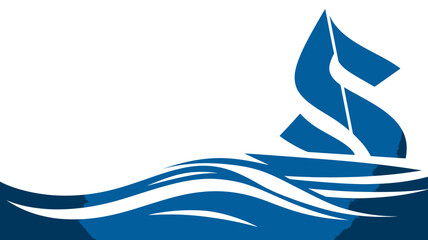 Stylized blue sailboat with flowing sails gliding on abstract ocean waves. Minimalist nautical vector illustration.