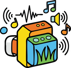 Vibrant Portable Speaker Playing Music With Sound Waves And Musical Notes Floating Around In Cartoon Style