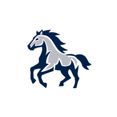 Obraz premium Dynamic stylized horse illustration with powerful posture. Modern equine graphic in navy blue and silver, standing on hind legs.