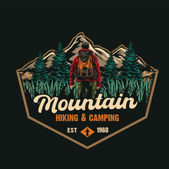 vintage style camping logo with mountain text isolated