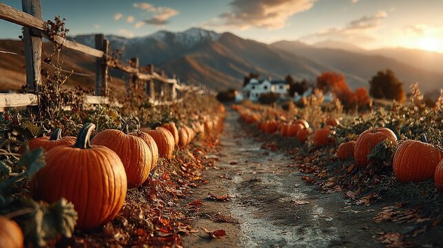Pumpkin Patch Sunset Rows of ripe pumpkins bathed in golden sunset light await pickers during Halloween season - Powered by Adobe