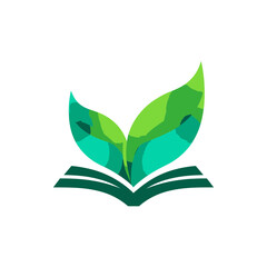 Obraz premium Abstract green book with leaves logo, symbolizing sustainable education, ecological knowledge, nature learning, and organic growth.