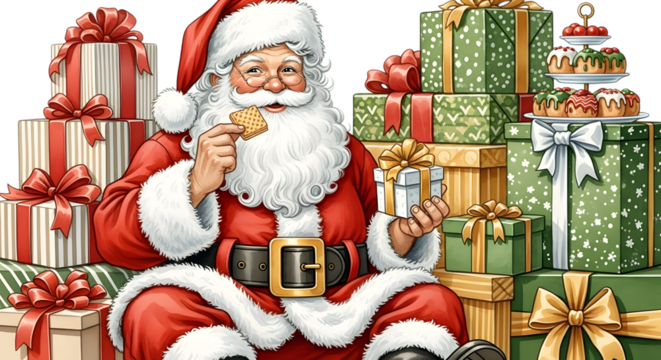 Santa claus sitting among many christmas gift boxes, eating a cookie, isolated on transparent background