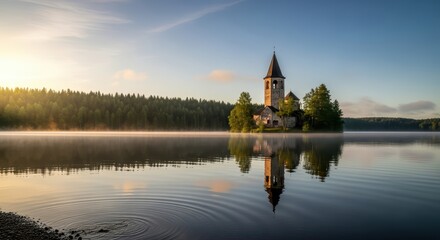 Obraz premium Tranquil sunrise over serene lake and historic church reflection in forest