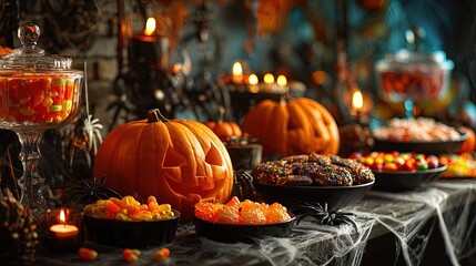 Halloween party table with carved pumpkins candy bowls spider webs festive mood colorful decorations photography style