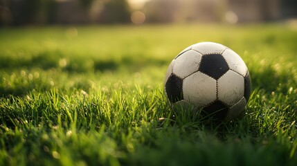 Obraz premium Traditional black and white sphere rests in bright green grass bathed in sunlight.