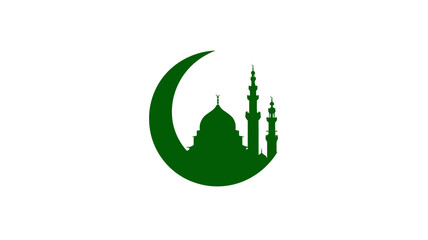 Islamic mosque silhouette with green crescent moon icon on white background, representing Muslim faith, prayer, and culture
