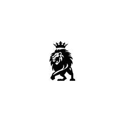 Obraz premium Majestic crowned lion vector illustration, powerful king of the jungle standing proudly, elegant black and white graphic design, strength and leadership symbol on white.