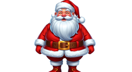 Cheerful santa claus character dressed in his iconic red suit and hat, isolated on transparent background