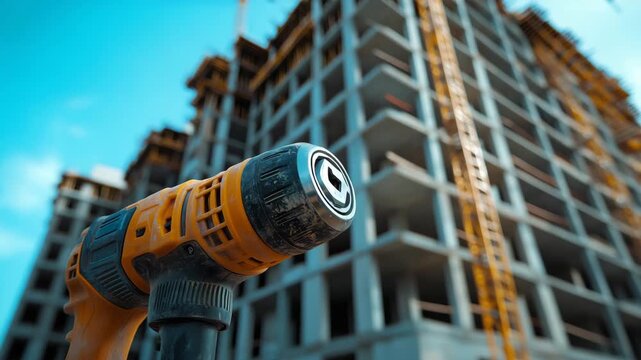 A powerful drill stands prominently in focus as workers build a tall structure. The blue sky reveals a busy construction site where teams are dedicated to creating something new and strong.